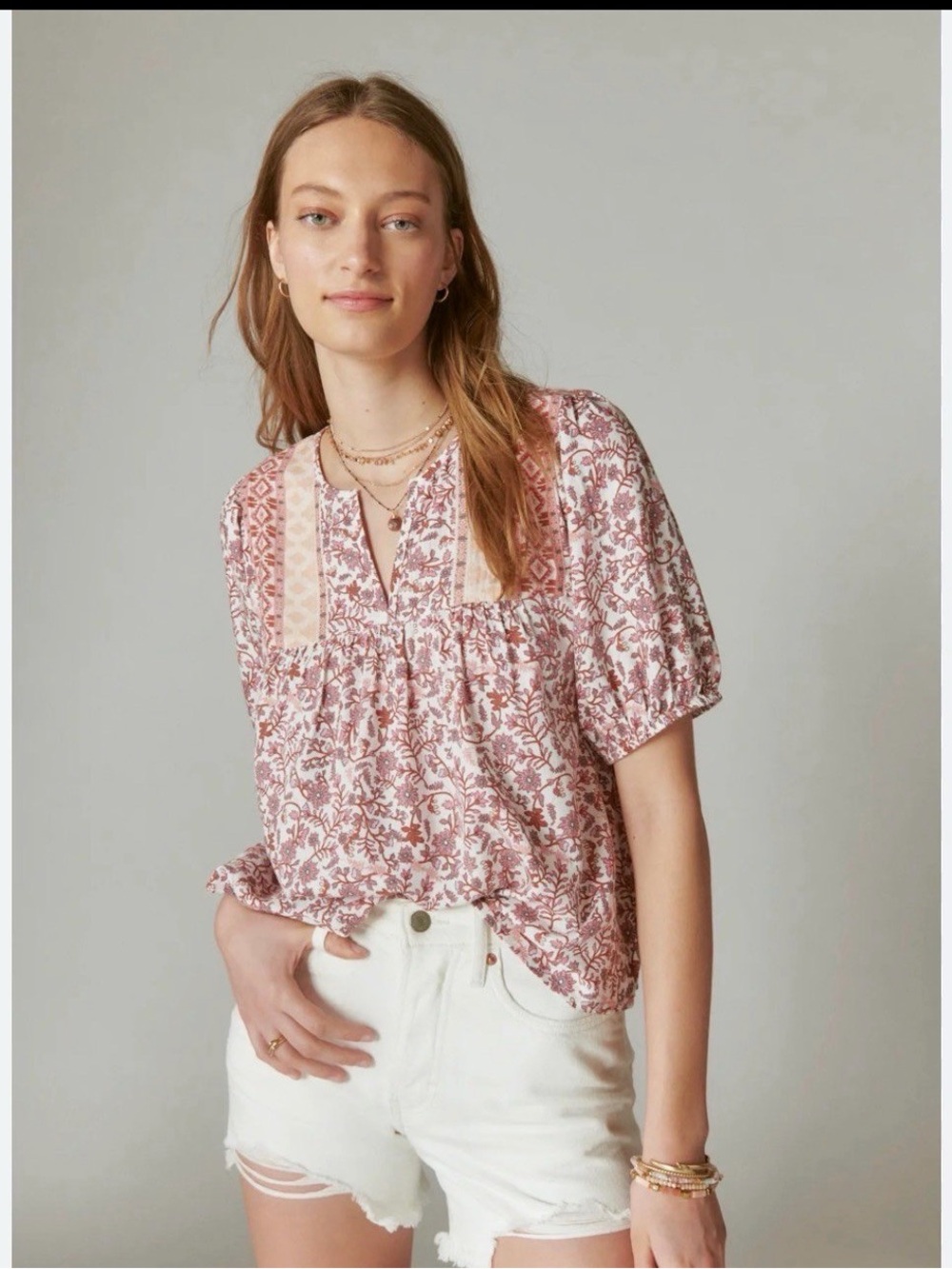 Lucky Brand Printed Short Sleeve Peasant Top XS Floral - Picture 2 of 8